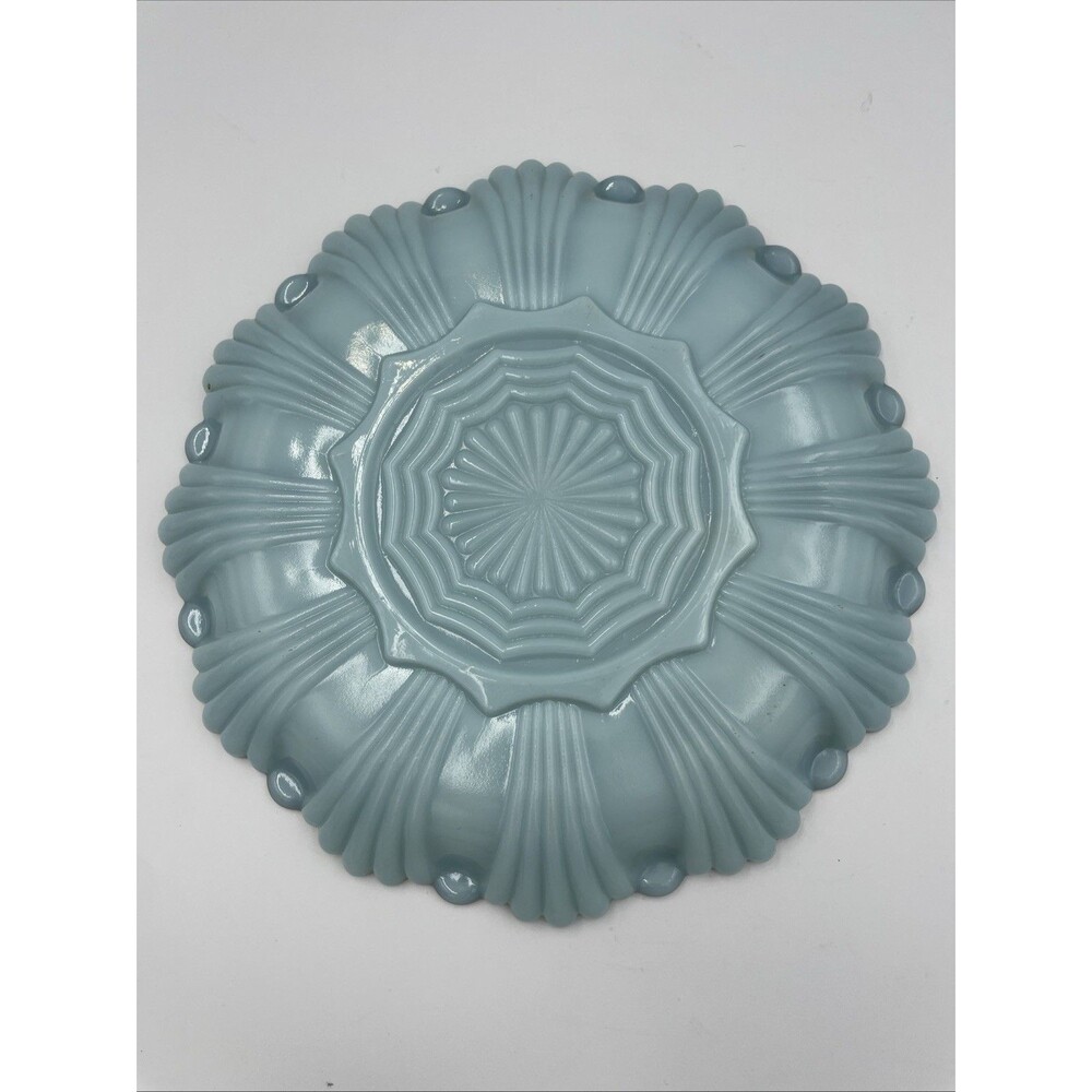 Vintage Anchor Hocking Delphite Blue Milk Glass Deviled Egg Plate Gold Trim 10” - Picture 6 of 6